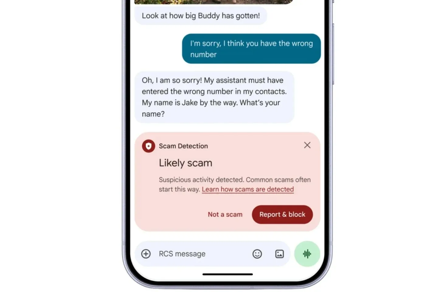 Scam warning shown for suspicious conversation in Google Messages