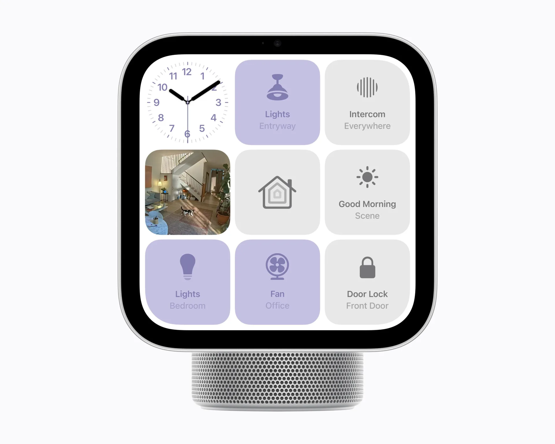 Camera view, clock, lighting, fan, lock and Intercom tiles on the HomeView screen.