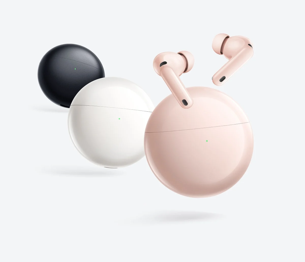 Pink HUAWEI FreeBuds 7i headphones and three color charging cases