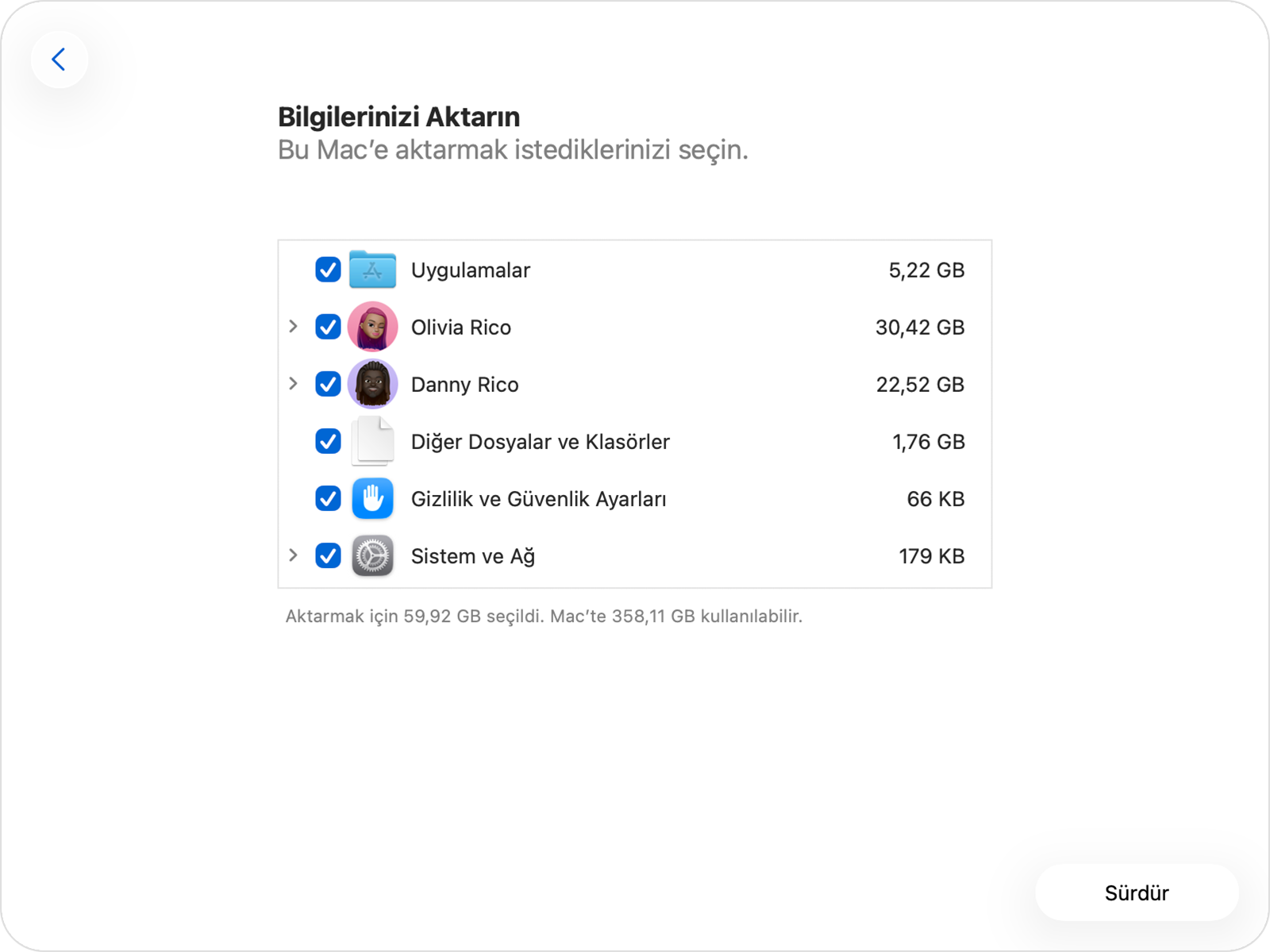 Choose user accounts and files to transfer to new Mac