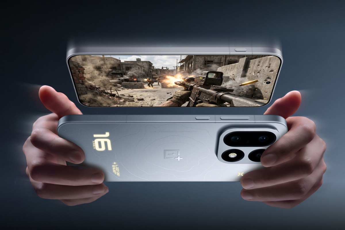 Promotional image of OnePlus 16 showing gameplay on screen and showcasing its back