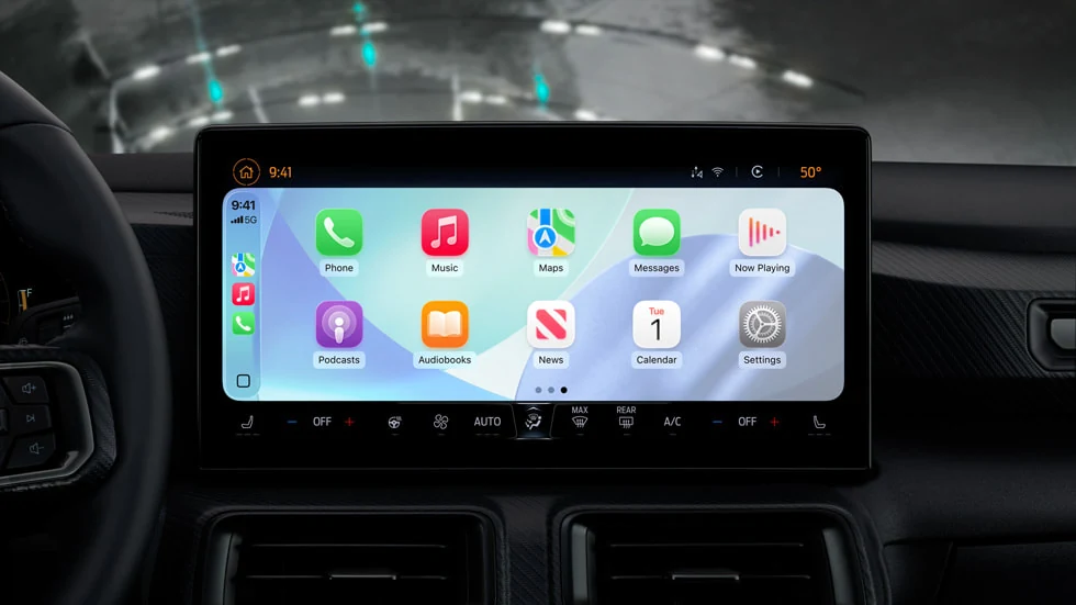 Clear-looking app icons on CarPlay home screen at Apple's iOS 26 launch