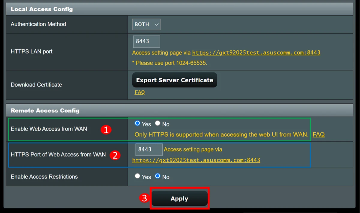 Web access setting over WAN in ASUS web interface